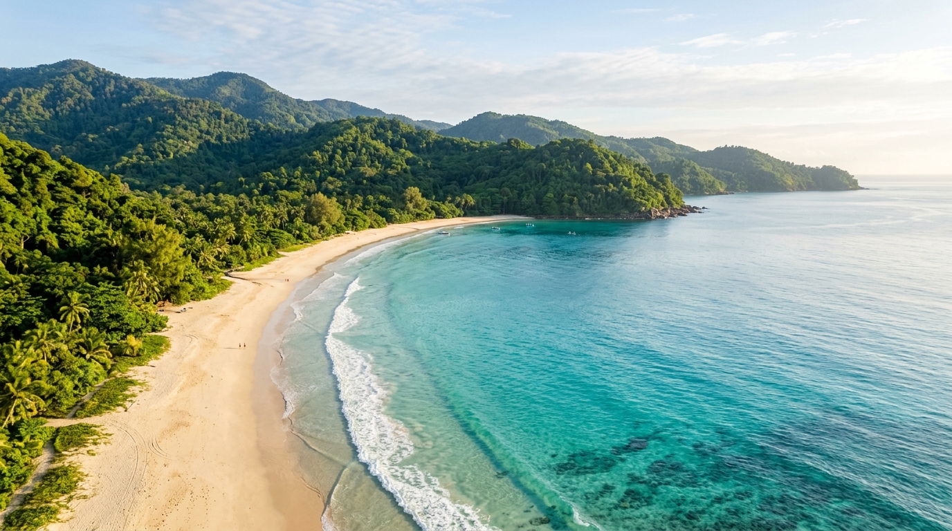 Pemandangan samudra biru jernih dan pesisir hijau alami