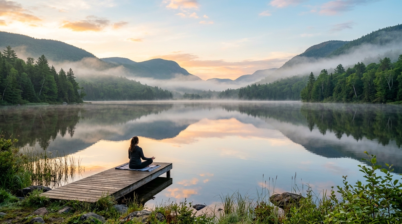 Danau tenang berkaca saat fajar dengan suasana meditasi damai