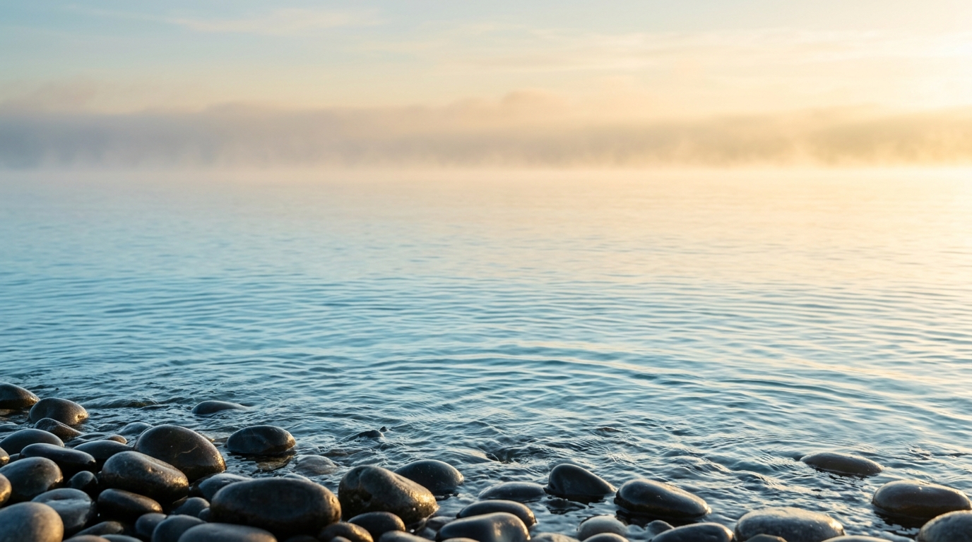 Pemandangan lautan tenang bertema zen dengan bebatuan alami dan riak air jernih di pagi hari
