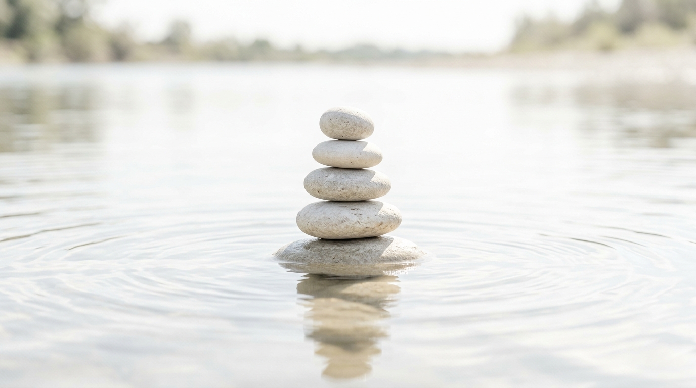 Batu-batuan meditasi zen yang tersusun hening dengan nuansa cerah dan monotone